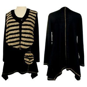 Kaktus Art To Wear Boucle Pullover Knit TopSz M Black & Tan Long Tail Sides NEW